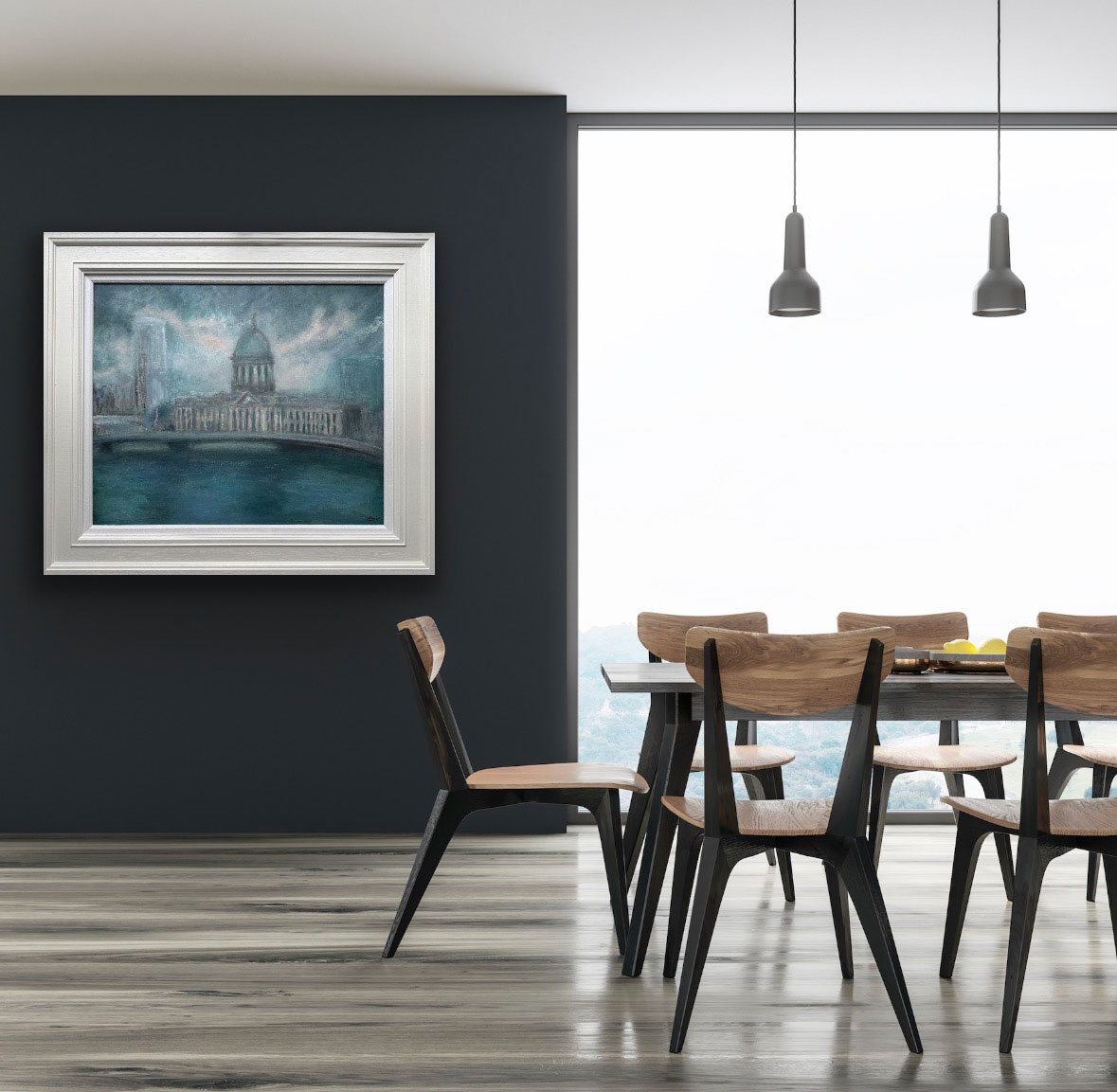Custom House Dublin - Cityscape painting by Emily McCormack shown in contemporary dining room
