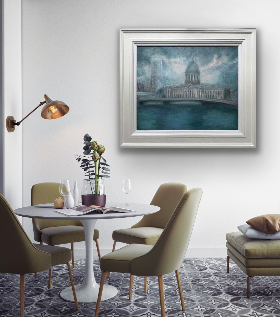 Custom House Dublin - Cityscape painting by Emily McCormack shown in frame green dining room