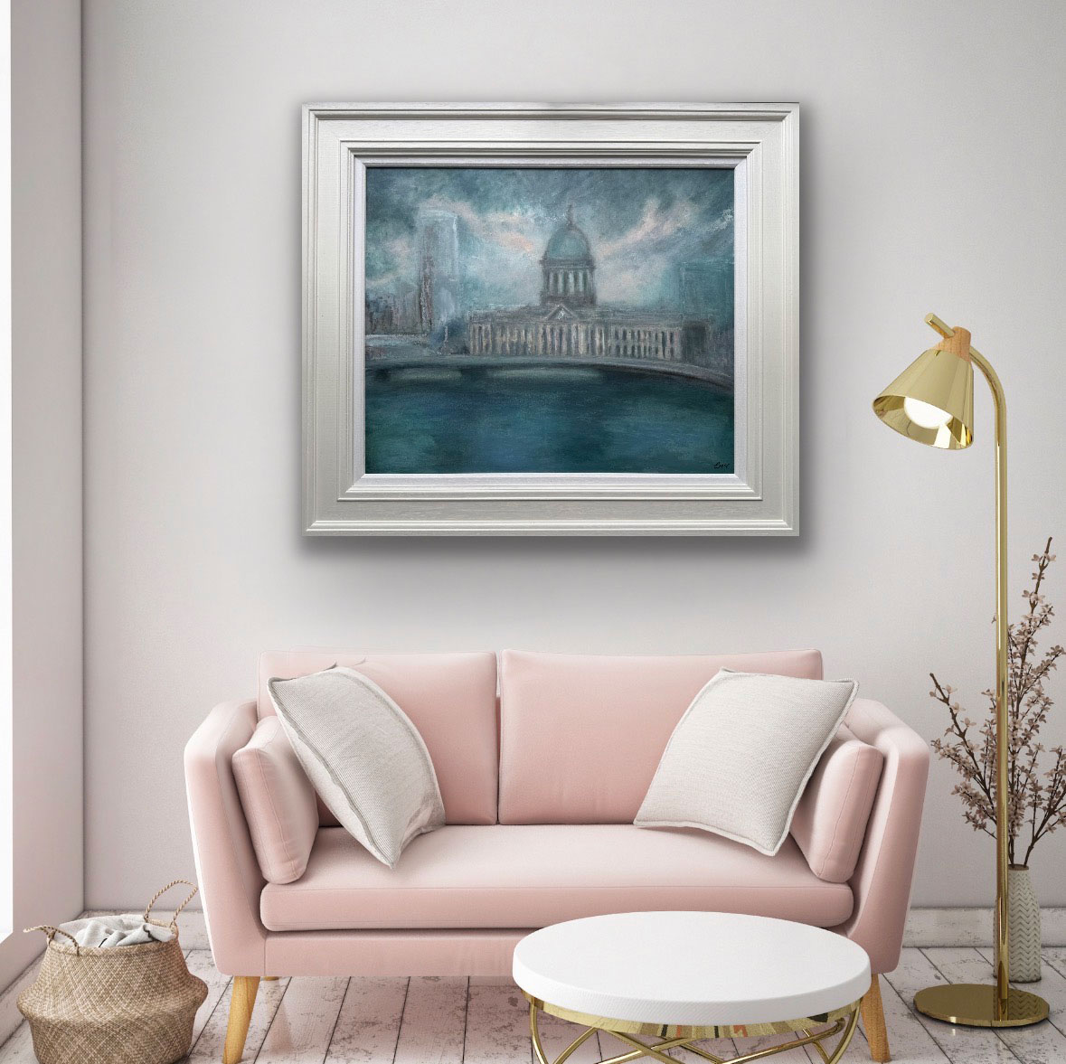 Custom House Dublin - Cityscape painting by Emily McCormack shown over sofa