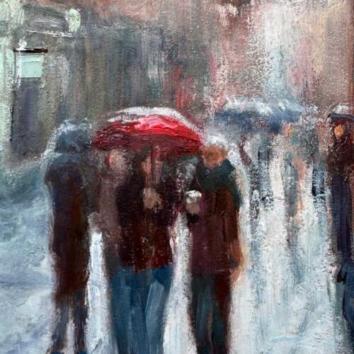 Figures under an umbrella on Grafton Street Dublin Emily McCormack