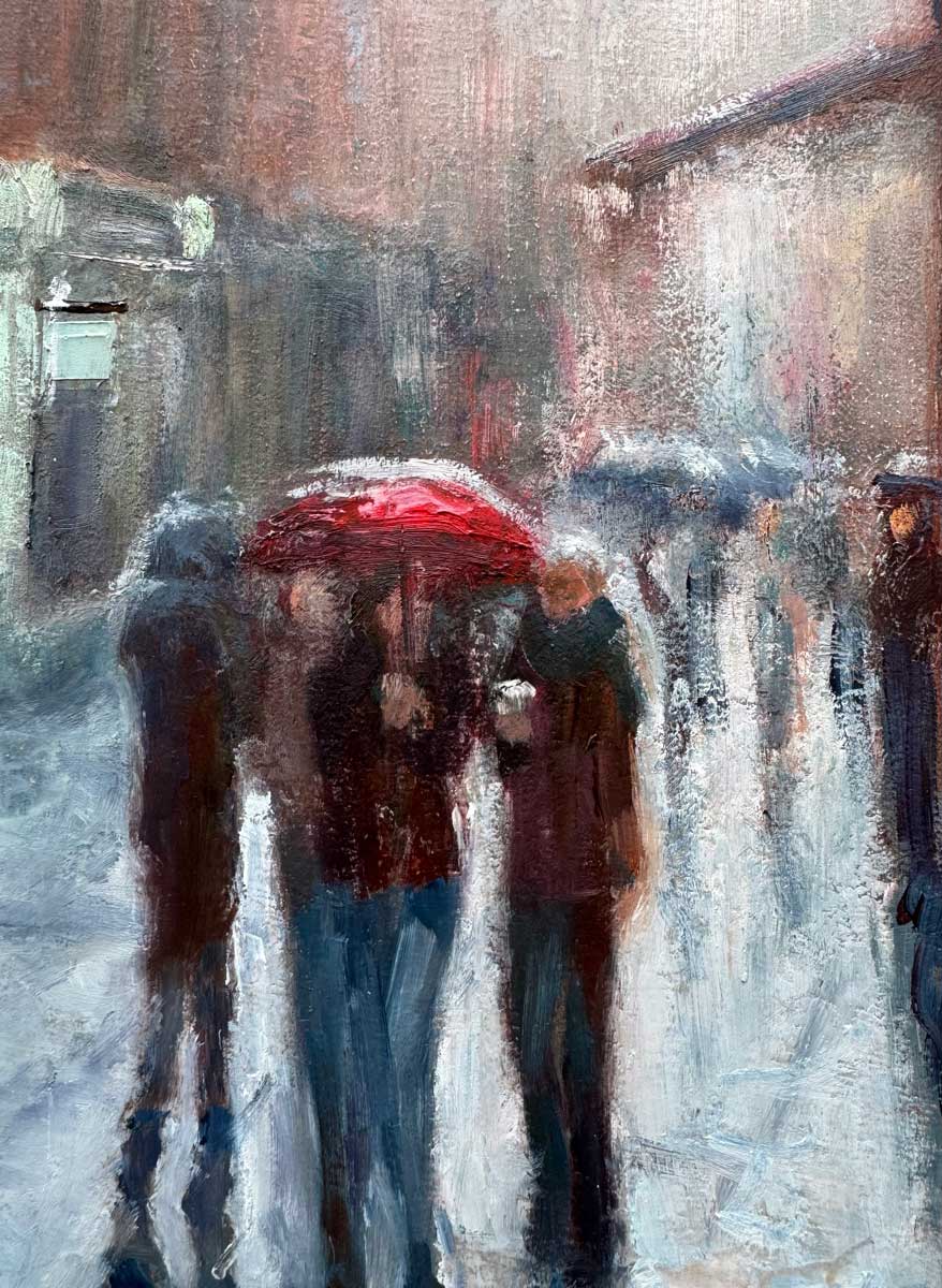 Figures under an umbrella on Grafton Street Dublin Emily McCormack