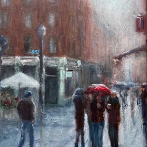 Rainy Sunday Grafton Street, Dublin. Oil painting by Emily McCormack