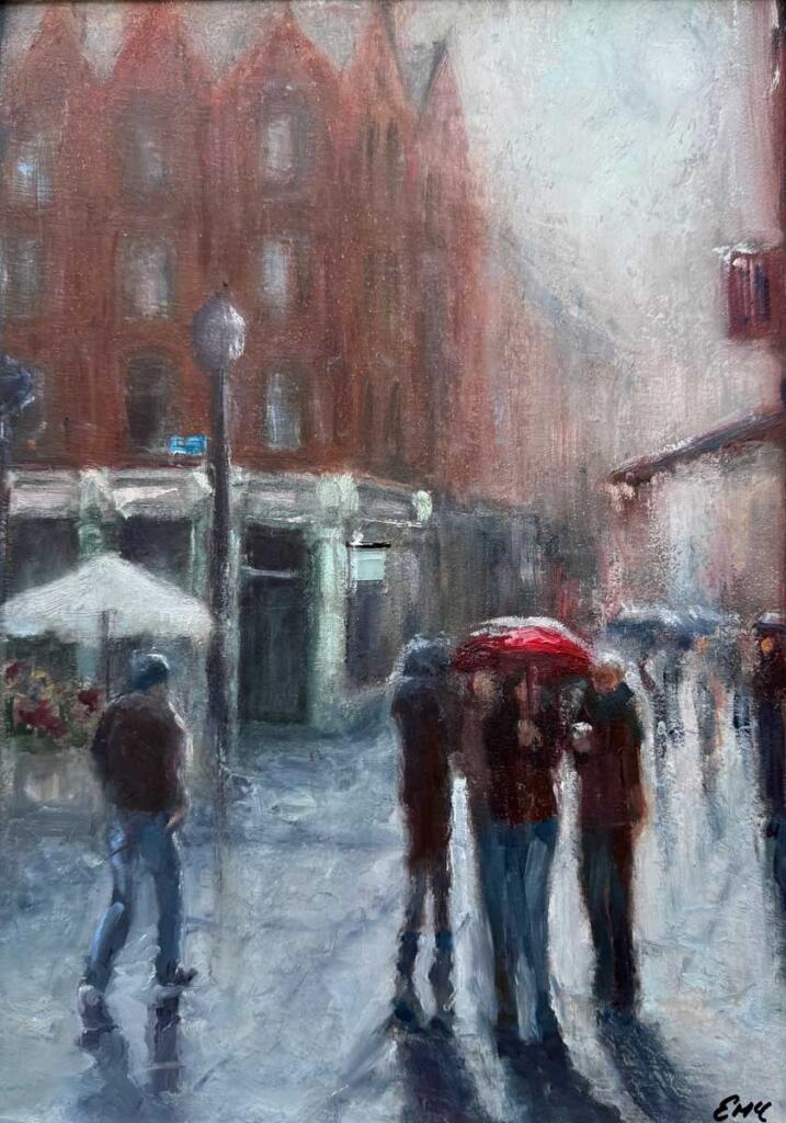 Rainy Sunday Grafton Street, Dublin. Oil painting by Emily McCormack