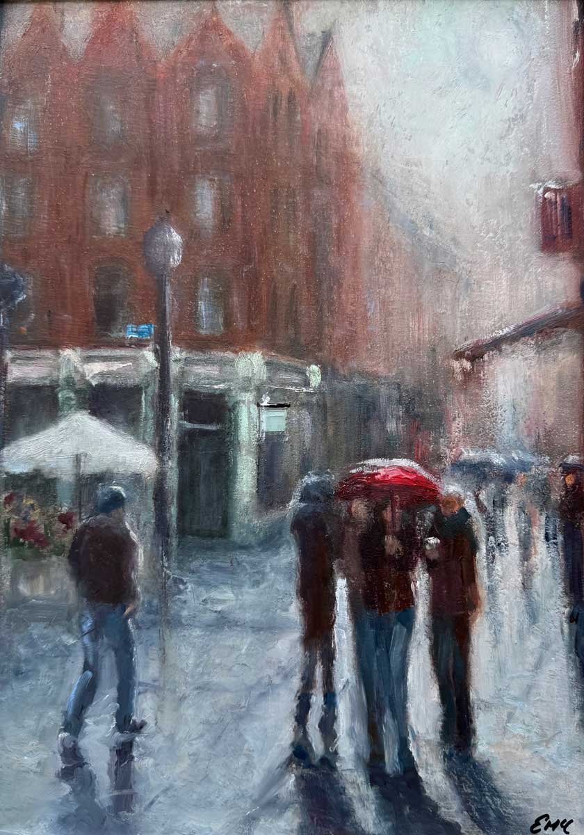 Rainy Sunday Grafton Street, Dublin. Oil painting by Emily McCormack
