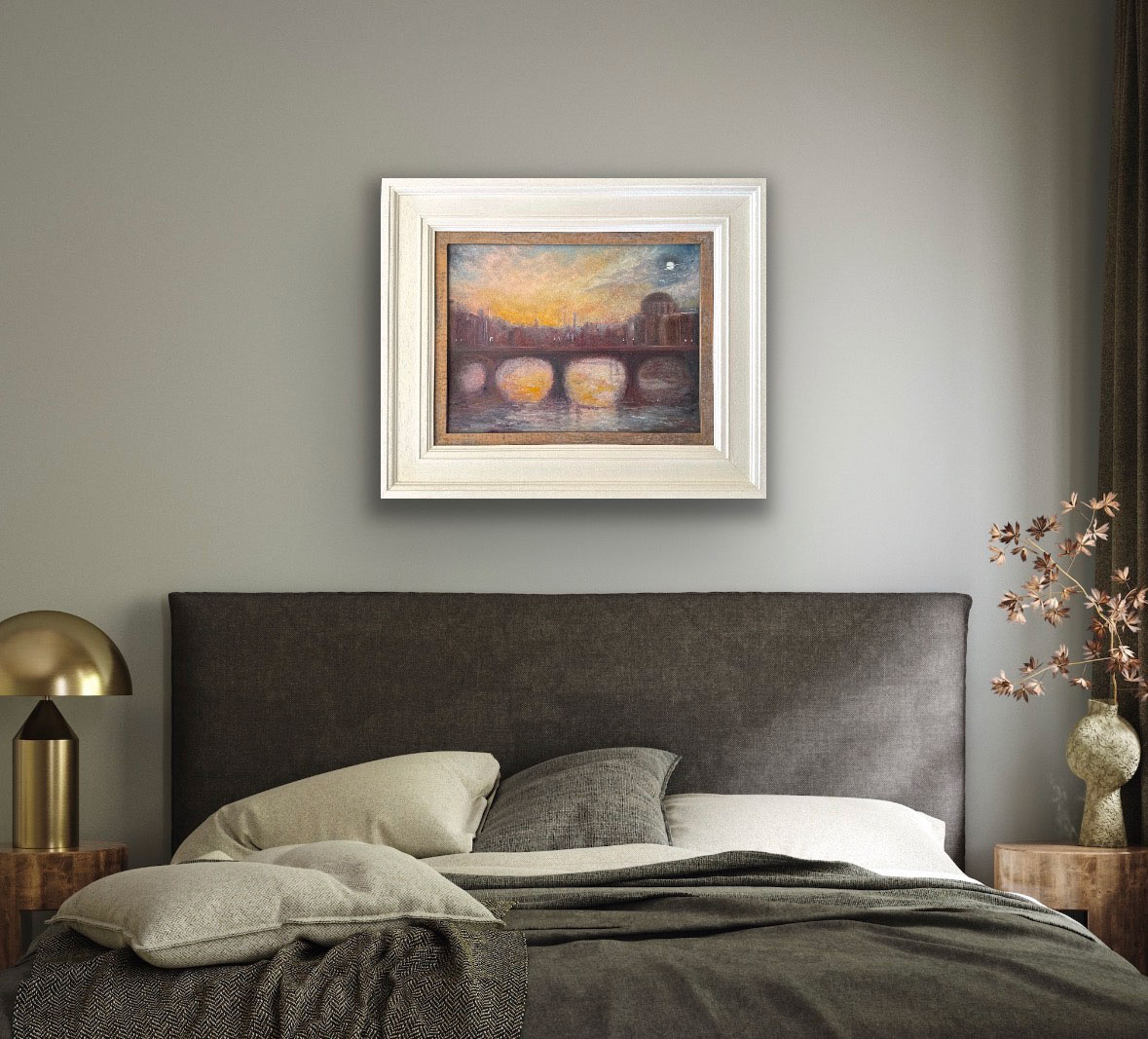 As the Evening Decends - The River Liffey Co. Dublin - Framed Cityscape oil painting by Emily McCormack in Bedroom