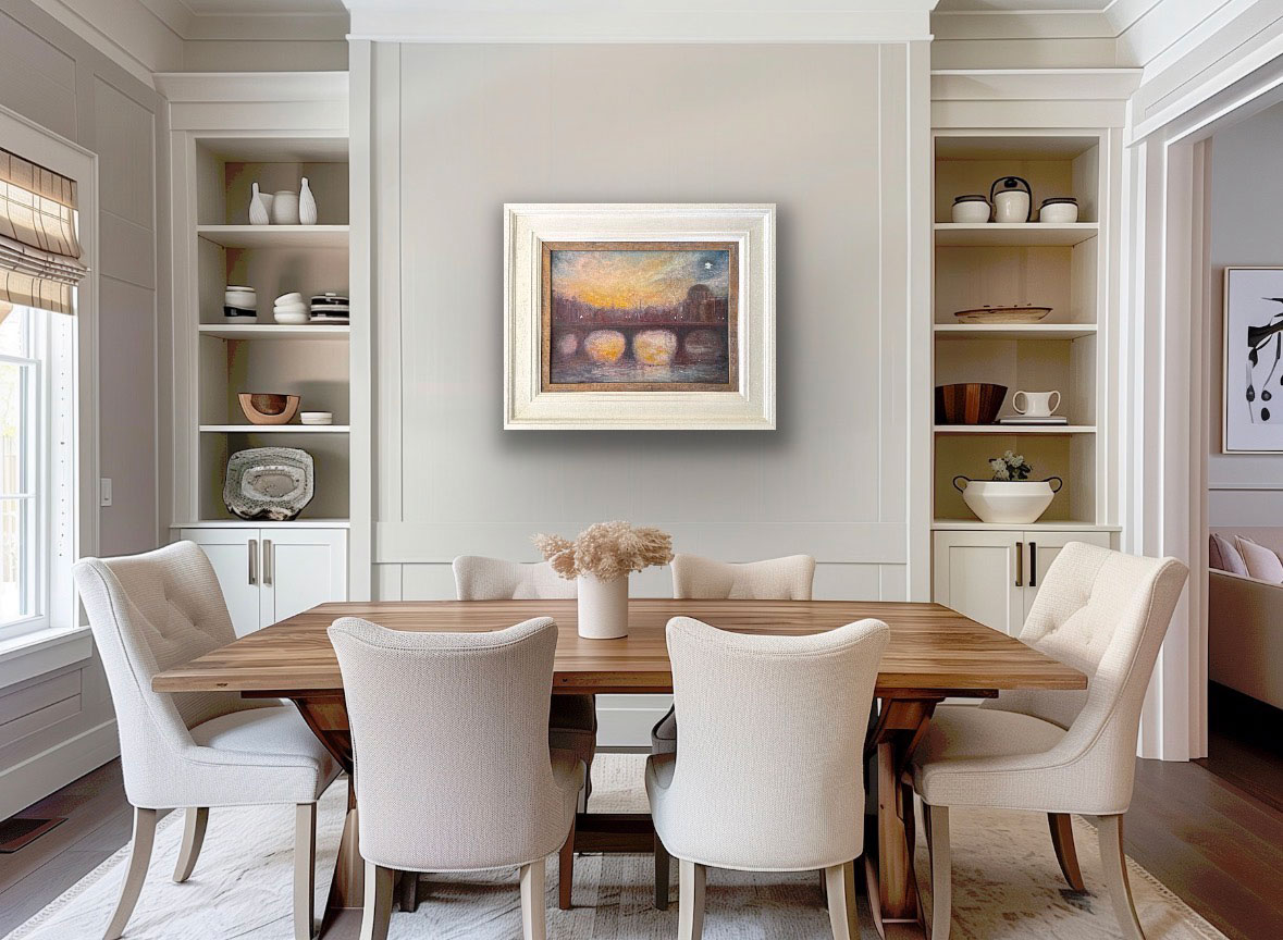 As the Evening Decends - The River Liffey Co. Dublin - Framed Cityscape oil painting by Emily McCormack in a dining room setting