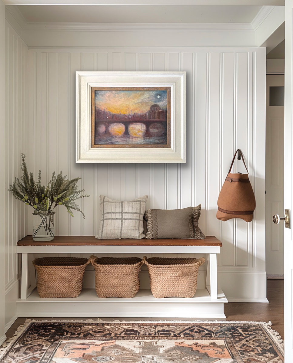 As the Evening Decends - The River Liffey Co. Dublin - Framed Cityscape oil painting by Emily McCormack in Hallway location