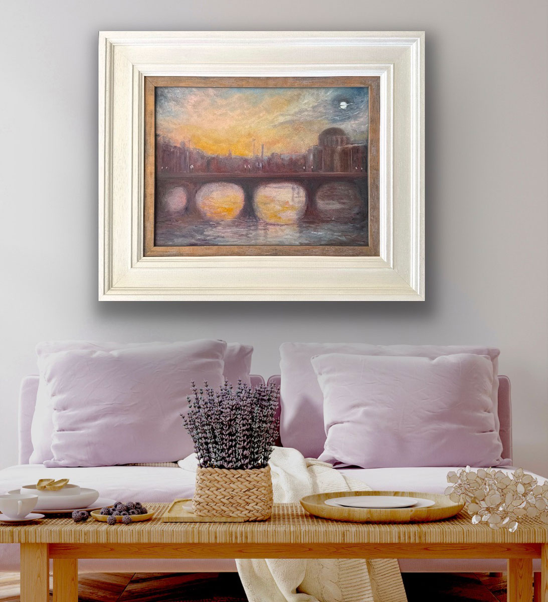As the Evening Decends - The River Liffey Co. Dublin - Framed Cityscape oil painting by Emily McCormack in lounge setting